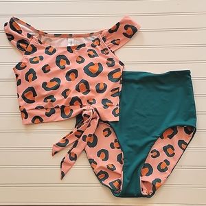 NWOT Small Lime Ricki Swim Tankini High Waist Swim Suit Leopard Jade Modest